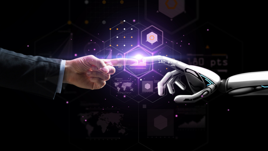 Technical vs Technological: A human hand and a robotic hand touching, symbolizing the connection between technical skills and technological advancements