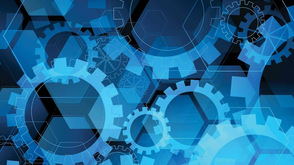 Technical vs Technological: Abstract blue gears representing technical processes and technological innovations working together in a digital system.