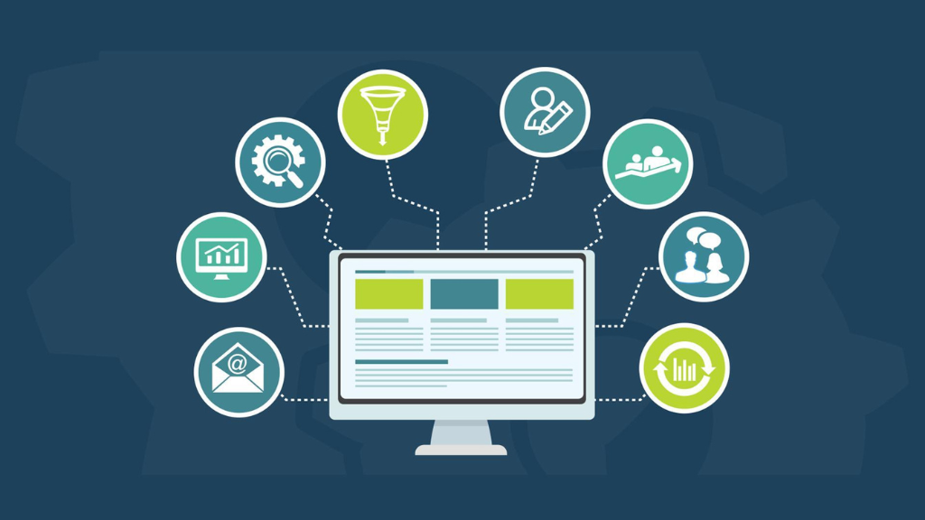 Illustration of a computer screen with digital marketing icons, representing various elements of digital direct marketing, such as email, analytics, and targeting